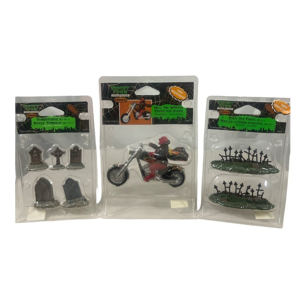 SPOOKY TOWN LEMAX lot of 3 grave stones devil on a bike fencing